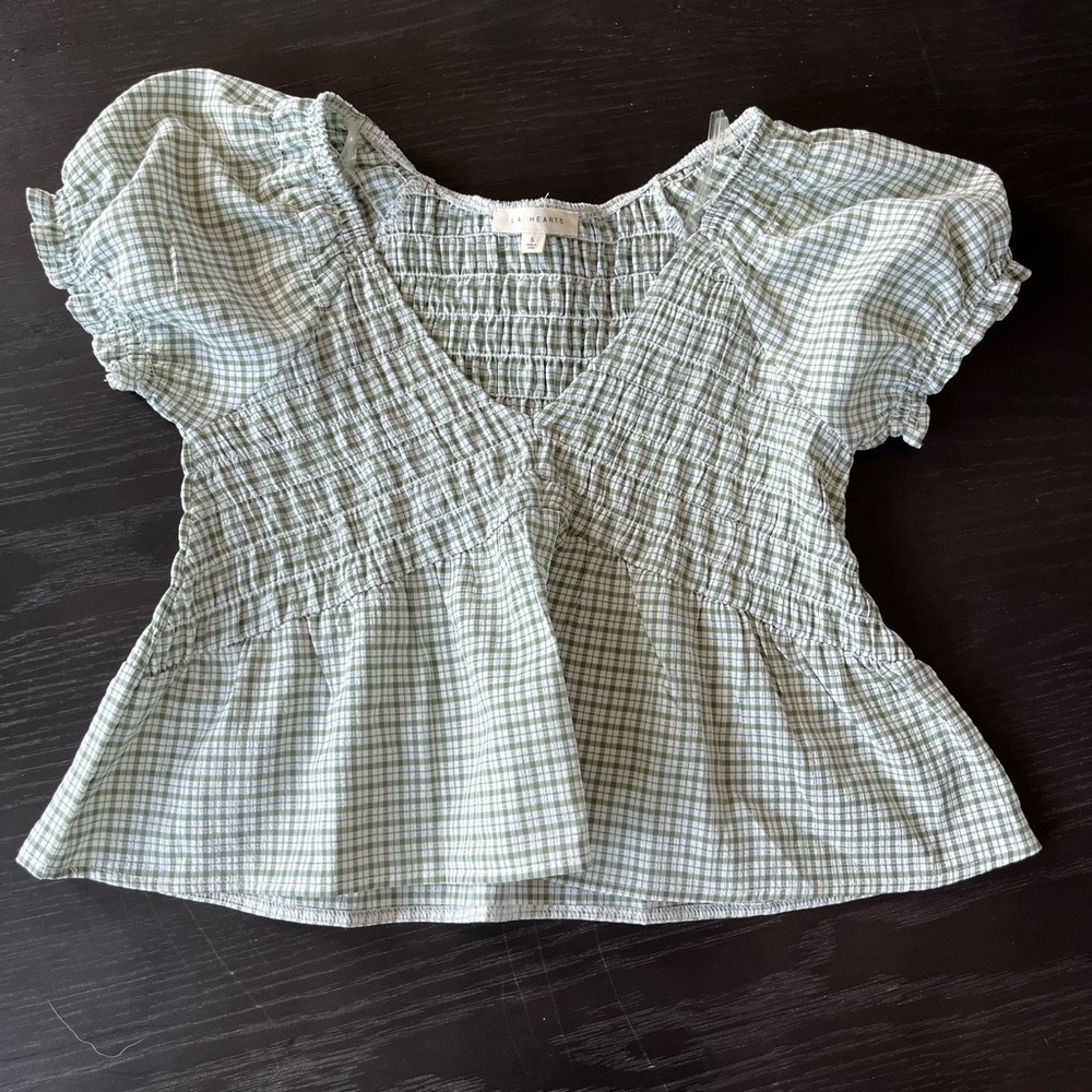 LA Hearts Green Checkered Smocked Top